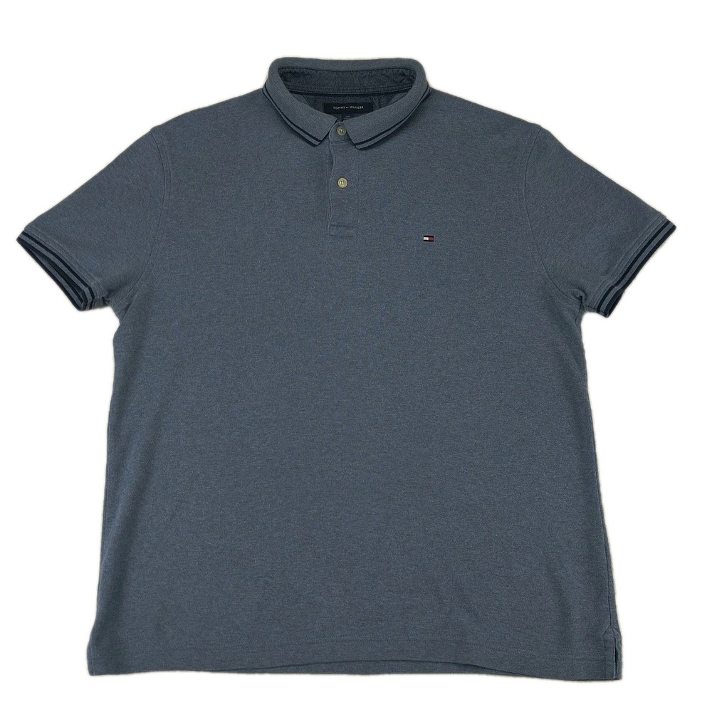 Tommy Hilfiger Mens Custom Fit Polo‎ Shirt Blue Large Short Sleeve Logo Tipped
